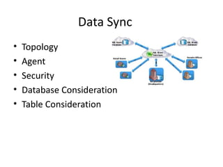 Data Sync
•   Topology
•   Agent
•   Security
•   Database Consideration
•   Table Consideration
 