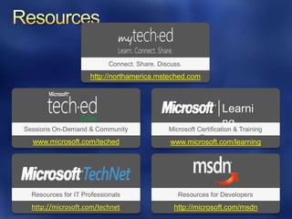 http://northamerica.msteched.com




www.microsoft.com/teched                 www.microsoft.com/learning




http://microsoft.com/technet              http://microsoft.com/msdn
 
