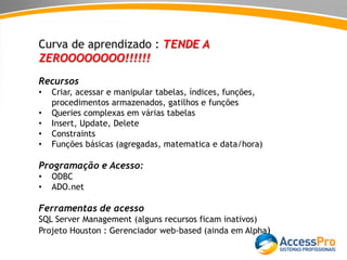 Curva de aprendizado : TENDE A
ZEROOOOOOOO!!!!!!
Recursos
• Criar, acessar e manipular tabelas, índices, funções,
procedimentos armazenados, gatilhos e funções
• Queries complexas em várias tabelas
• Insert, Update, Delete
• Constraints
• Funções básicas (agregadas, matematica e data/hora)
Programação e Acesso:
• ODBC
• ADO.net
Ferramentas de acesso
SQL Server Management (alguns recursos ficam inativos)
Projeto Houston : Gerenciador web-based (ainda em Alpha)
 