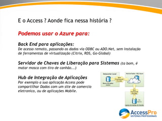 E o Access ? Aonde fica nessa história ?
Podemos usar o Azure para:
Back End para aplicações:
De acesso remoto, passando os dados via ODBC ou ADO.Net, sem instalação
de ferramentas de virtualização (Citrix, RDS, Go-Global)
Servidor de Chaves de Liberação para Sistemas (ta bom, é
matar mosca com tiro de canhão...)
Hub de Integração de Aplicações
Por exemplo a sua aplicação Access pode
compartilhar Dados com um site de comercio
eletronico, ou de aplicações Mobile.
 