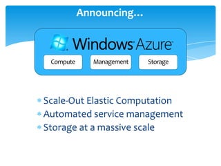 Announcing…ComputeStorageManagementScale-Out Elastic ComputationAutomated service managementStorage at a massive scale