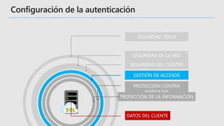 SEGURIDAD FÍSICA
SEGURIDAD DE LA RED
SEGURIDAD DEL CLÚSTER
GESTIÓN DE ACCESOS
PROTECCIÓN CONTRA
AMENAZAS
PROTECCIÓN DE LA INFORMACIÓN
DATOS DEL CLIENTE
 