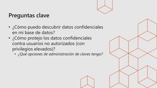 • ¿Cómo puedo descubrir datos confidenciales
en mi base de datos?
• ¿Cómo protejo los datos confidenciales
contra usuarios no autorizados (con
privilegios elevados)?
• ¿Qué opciones de administración de claves tengo?
 
