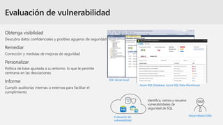 Obtenga visibilidad
Remediar
Personalizar
Informe
Evaluación de
vulnerabilidad
Desarrollador/DBA
SQL Server local
Azure SQL Database, Azure SQL Data Warehouse
Sql
 