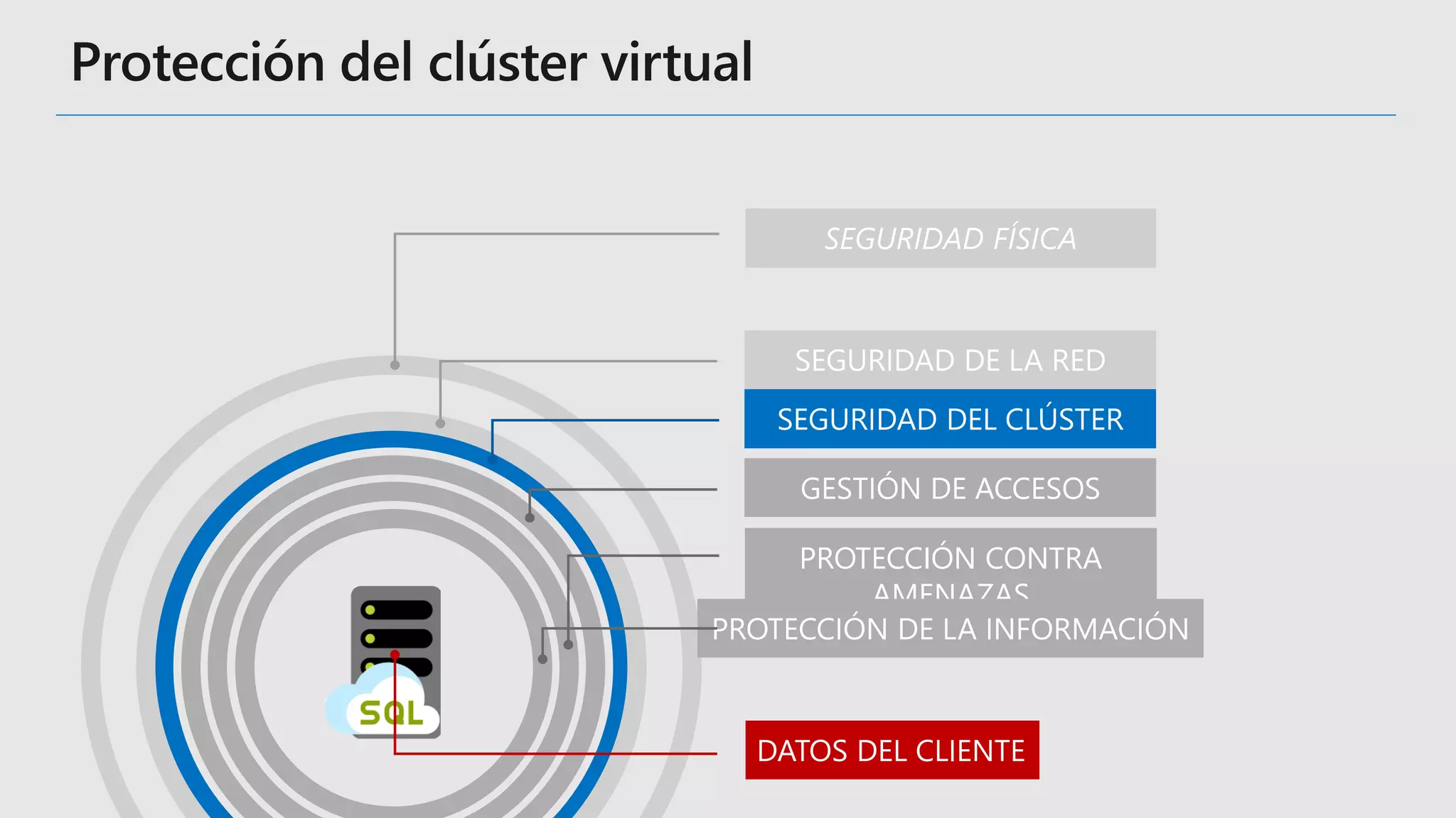 SEGURIDAD FÍSICA
SEGURIDAD DE LA RED
SEGURIDAD DEL CLÚSTER
GESTIÓN DE ACCESOS
PROTECCIÓN CONTRA
AMENAZAS
PROTECCIÓN DE LA INFORMACIÓN
DATOS DEL CLIENTE
 