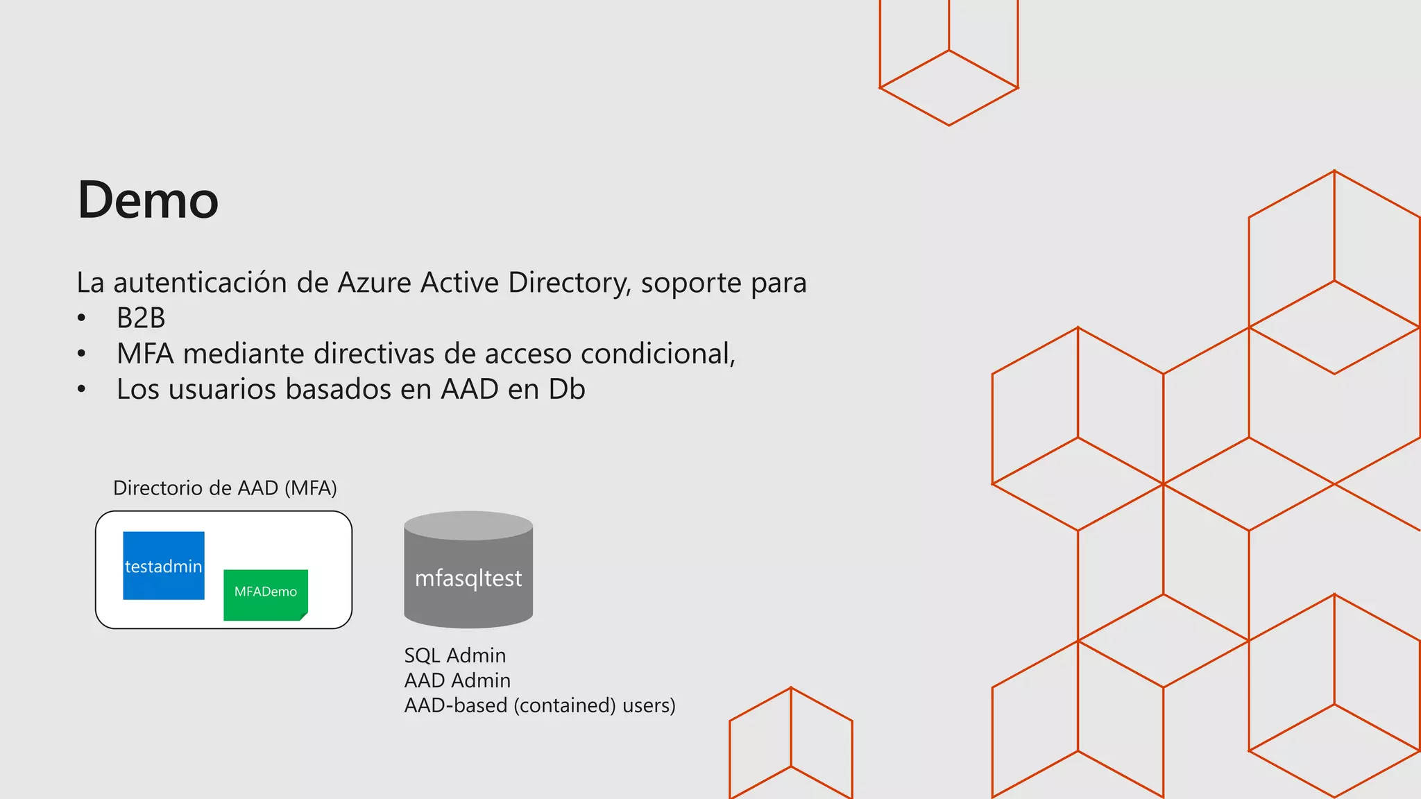 La autenticación de Azure Active Directory, soporte para
• B2B
• MFA mediante directivas de acceso condicional,
• Los usuarios basados en AAD en Db
 