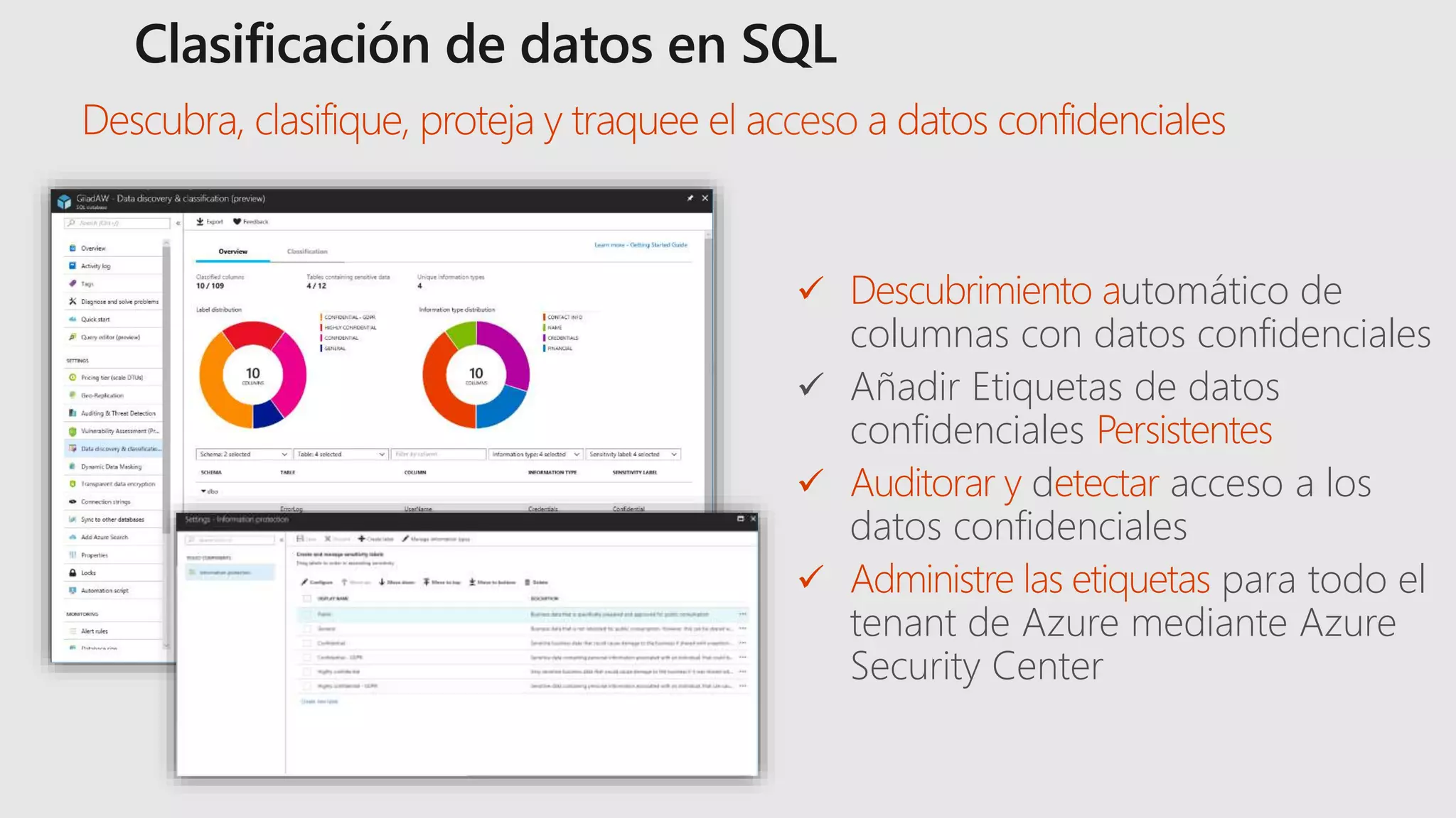 cceso
utomático de
columnas con datos confidenciales
 Añadir Etiquetas de datos
confidenciales
d acceso a los
datos confidenciales
para todo el
tenant de Azure mediante Azure
Security Center
 