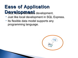  SQL Azure facilitates development.
 Just like local development in SQL Express.
 Its flexible data model supports any
programming language.
Ease of ApplicationEase of Application
DevelopmentDevelopment
 