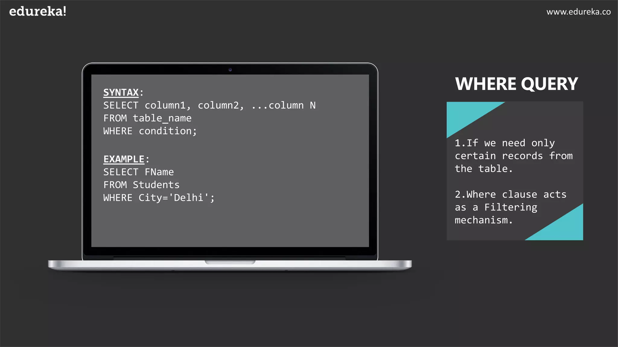 SYNTAX:
SELECT column1, column2, ...column N
FROM table_name
WHERE condition;
EXAMPLE:
SELECT FName
FROM Students
WHERE City='Delhi';
WHERE QUERY
1.If we need only
certain records from
the table.
2.Where clause acts
as a Filtering
mechanism.
www.edureka.co
 