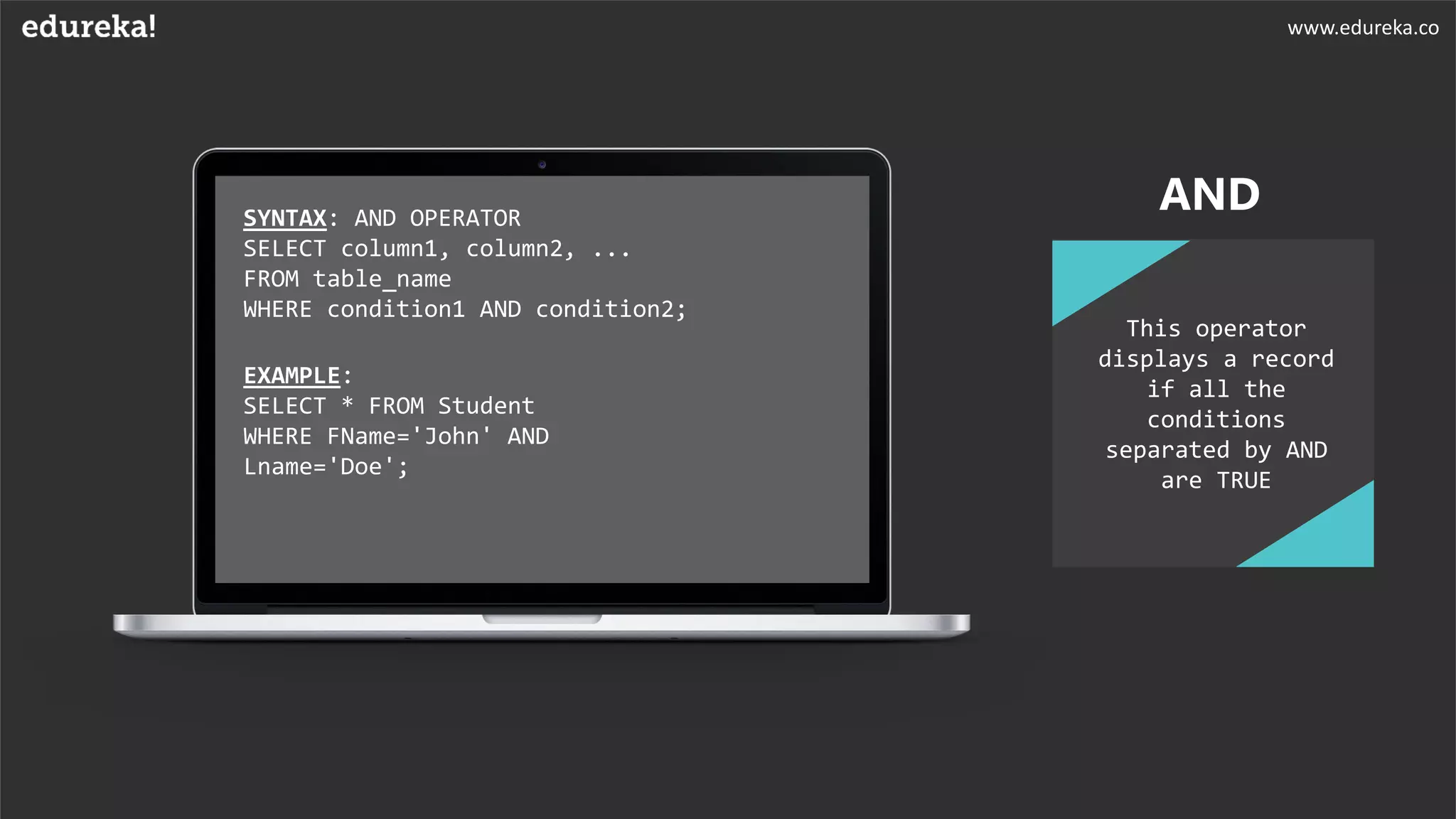 SYNTAX: AND OPERATOR
SELECT column1, column2, ...
FROM table_name
WHERE condition1 AND condition2;
EXAMPLE:
SELECT * FROM Student
WHERE FName='John' AND
Lname='Doe';
This operator
displays a record
if all the
conditions
separated by AND
are TRUE
AND
www.edureka.co
 