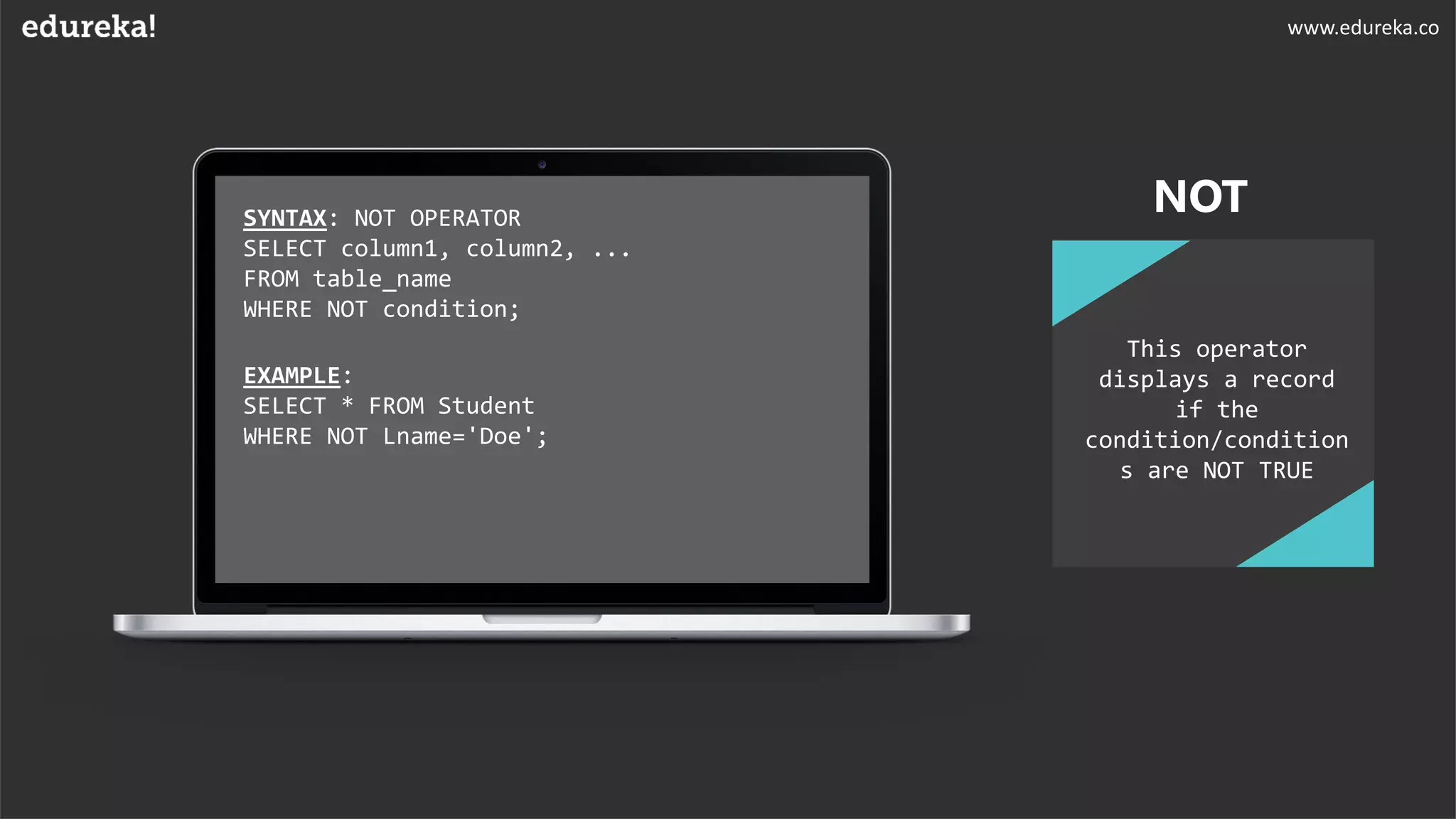 SYNTAX: NOT OPERATOR
SELECT column1, column2, ...
FROM table_name
WHERE NOT condition;
EXAMPLE:
SELECT * FROM Student
WHERE NOT Lname='Doe';
This operator
displays a record
if the
condition/condition
s are NOT TRUE
NOT
www.edureka.co
 