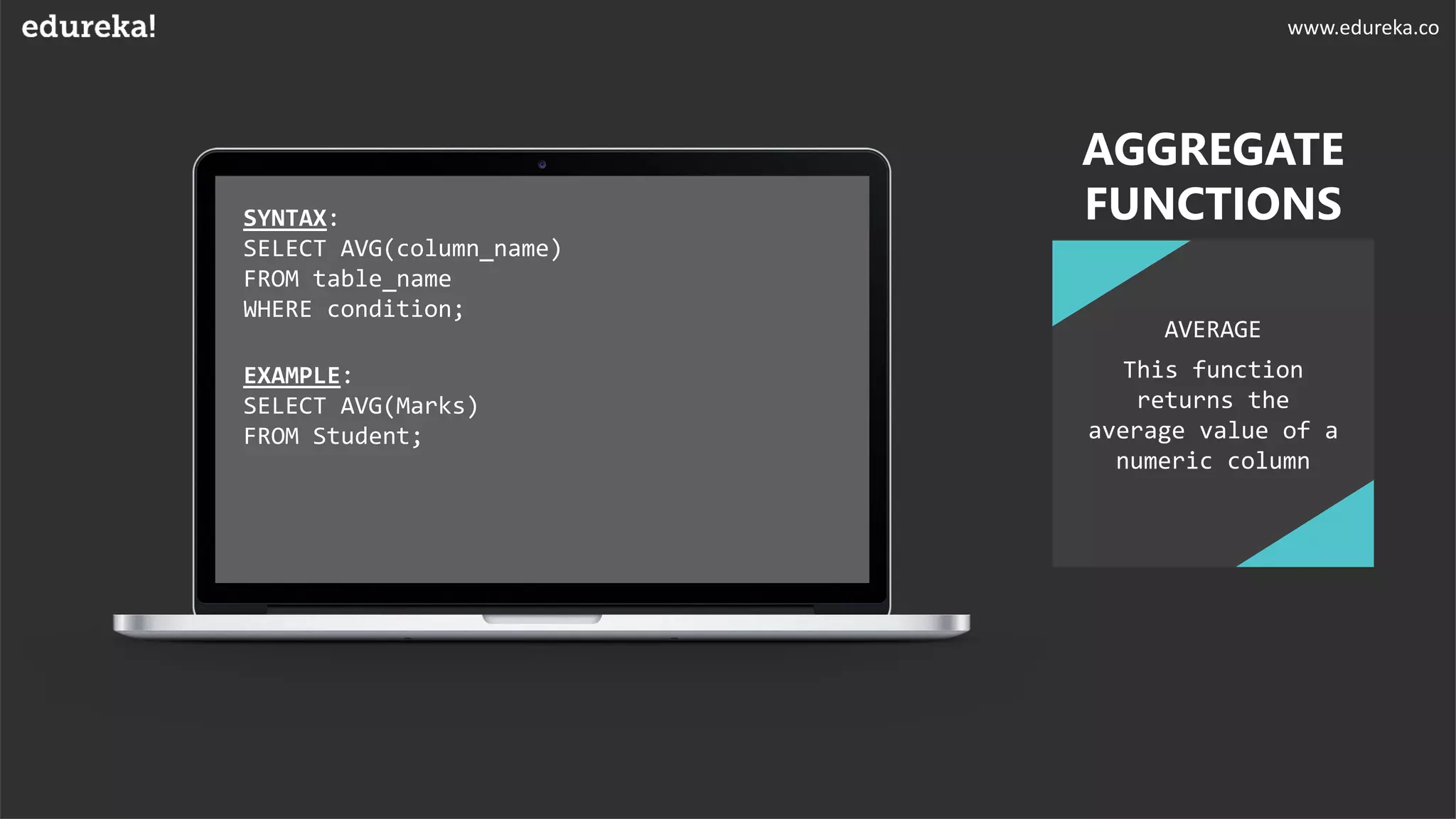 SYNTAX:
SELECT AVG(column_name)
FROM table_name
WHERE condition;
EXAMPLE:
SELECT AVG(Marks)
FROM Student;
AVERAGE
AGGREGATE
FUNCTIONS
This function
returns the
average value of a
numeric column
www.edureka.co
 