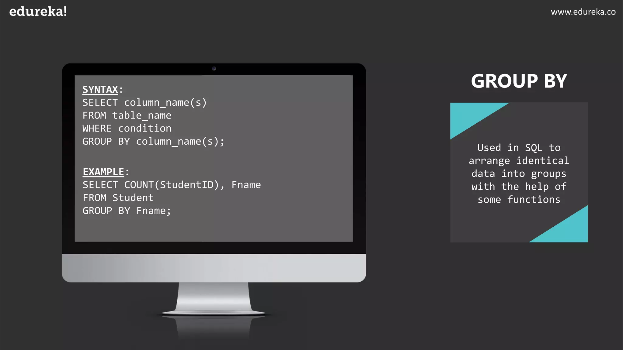 SYNTAX:
SELECT column_name(s)
FROM table_name
WHERE condition
GROUP BY column_name(s);
EXAMPLE:
SELECT COUNT(StudentID), Fname
FROM Student
GROUP BY Fname;
GROUP BY
Used in SQL to
arrange identical
data into groups
with the help of
some functions
www.edureka.co
 