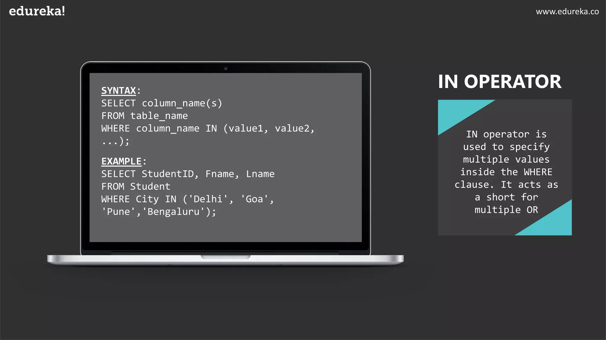 SYNTAX:
SELECT column_name(s)
FROM table_name
WHERE column_name IN (value1, value2,
...);
EXAMPLE:
SELECT StudentID, Fname, Lname
FROM Student
WHERE City IN ('Delhi', 'Goa',
'Pune','Bengaluru');
IN operator is
used to specify
multiple values
inside the WHERE
clause. It acts as
a short for
multiple OR
IN OPERATOR
www.edureka.co
 