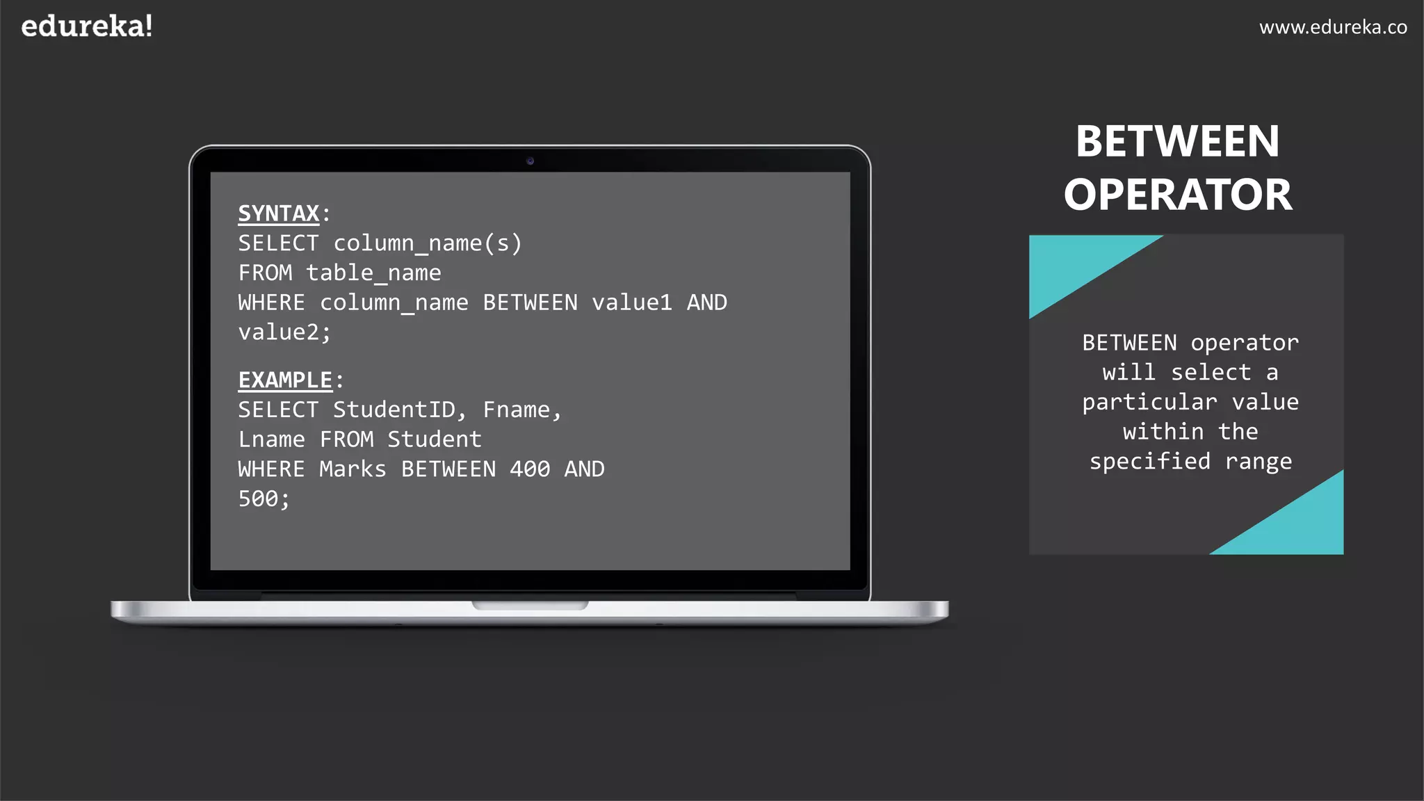 SYNTAX:
SELECT column_name(s)
FROM table_name
WHERE column_name BETWEEN value1 AND
value2;
EXAMPLE:
SELECT StudentID, Fname,
Lname FROM Student
WHERE Marks BETWEEN 400 AND
500;
BETWEEN operator
will select a
particular value
within the
specified range
BETWEEN
OPERATOR
www.edureka.co
 