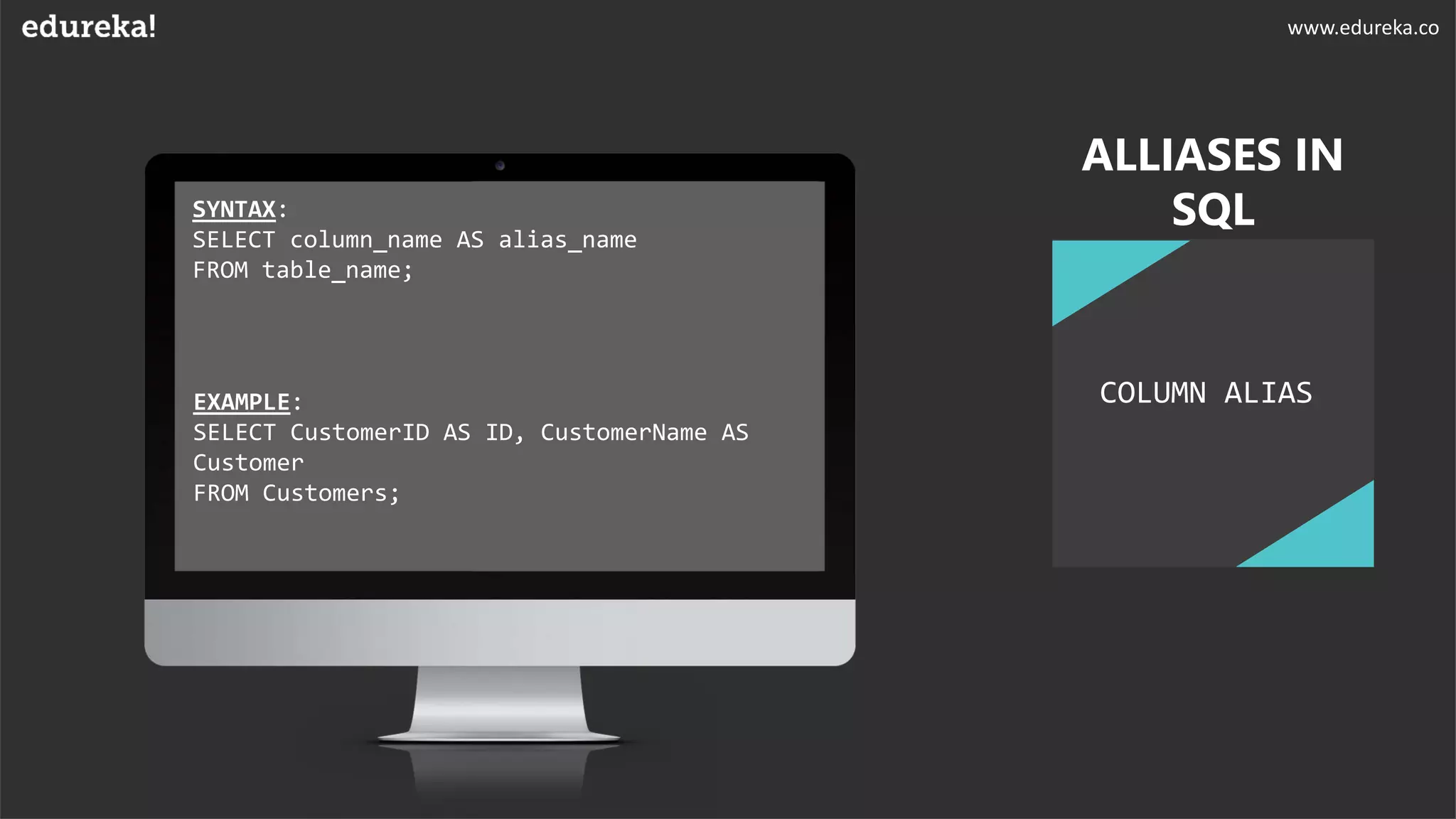SYNTAX:
SELECT column_name AS alias_name
FROM table_name;
EXAMPLE:
SELECT CustomerID AS ID, CustomerName AS
Customer
FROM Customers;
ALLIASES IN
SQL
COLUMN ALIAS
www.edureka.co
 