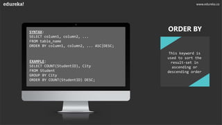 SYNTAX:
SELECT column1, column2, ...
FROM table_name
ORDER BY column1, column2, ... ASC|DESC;
EXAMPLE:
SELECT COUNT(StudentID), City
FROM Student
GROUP BY City
ORDER BY COUNT(StudentID) DESC;
ORDER BY
This keyword is
used to sort the
result-set in
ascending or
descending order
www.edureka.co
 