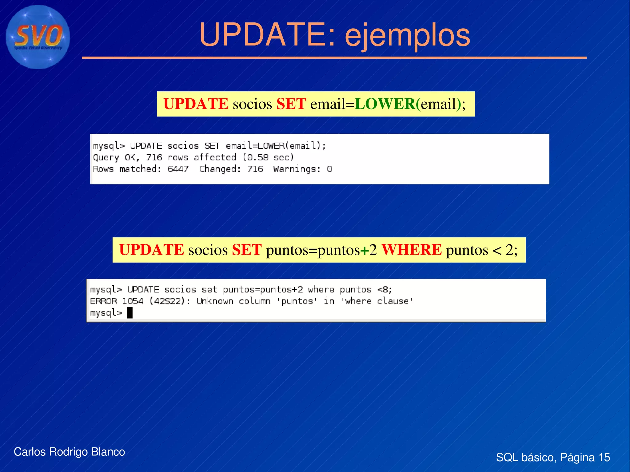 SQL básico, Página 15Carlos Rodrigo Blanco
UPDATE: ejemplos
 UPDATE socios SET puntos=puntos+2 WHERE puntos < 2;
 UPDATE socios SET email=LOWER(email);
 