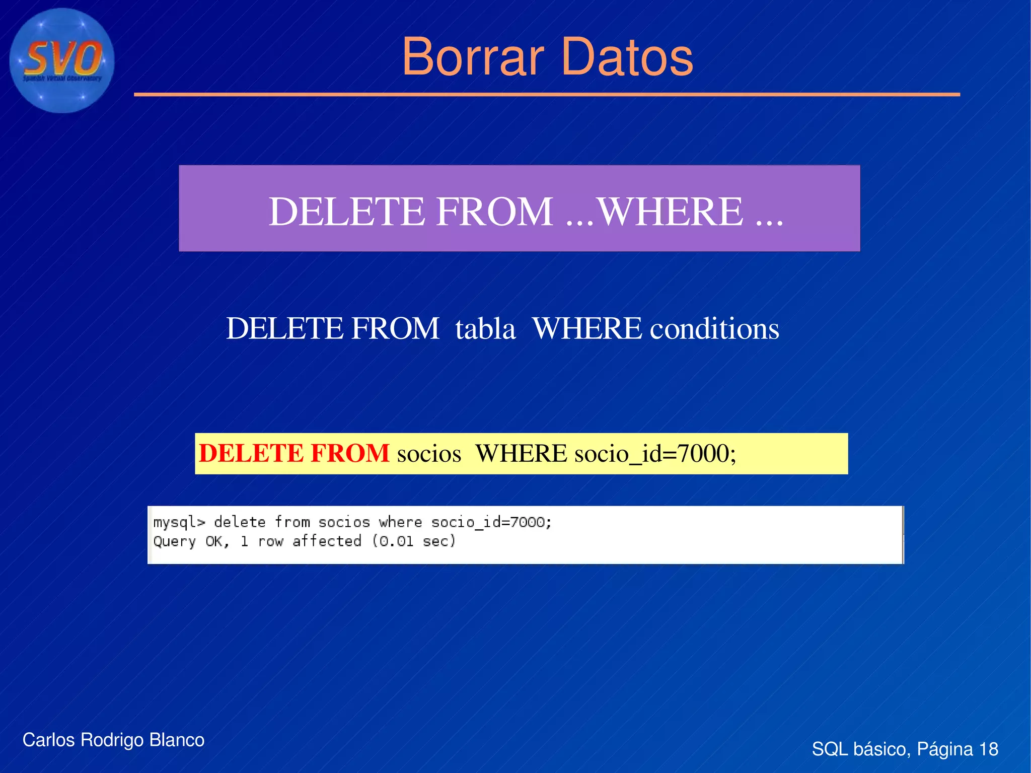 SQL básico, Página 18Carlos Rodrigo Blanco
Borrar Datos
DELETE FROM ...WHERE ... 
DELETE FROM  tabla  WHERE conditions
DELETE FROM socios  WHERE socio_id=7000;
 
