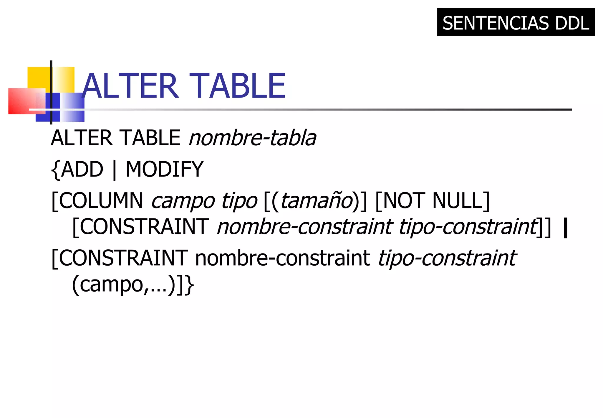 ALTER TABLE ALTER TABLE  nombre-tabla {ADD | MODIFY  [COLUMN  campo tipo  [( tamaño )] [NOT NULL] [CONSTRAINT  nombre-constraint tipo-constraint ]]  | [CONSTRAINT nombre-constraint  tipo-constraint  (campo,…)]} SENTENCIAS DDL 