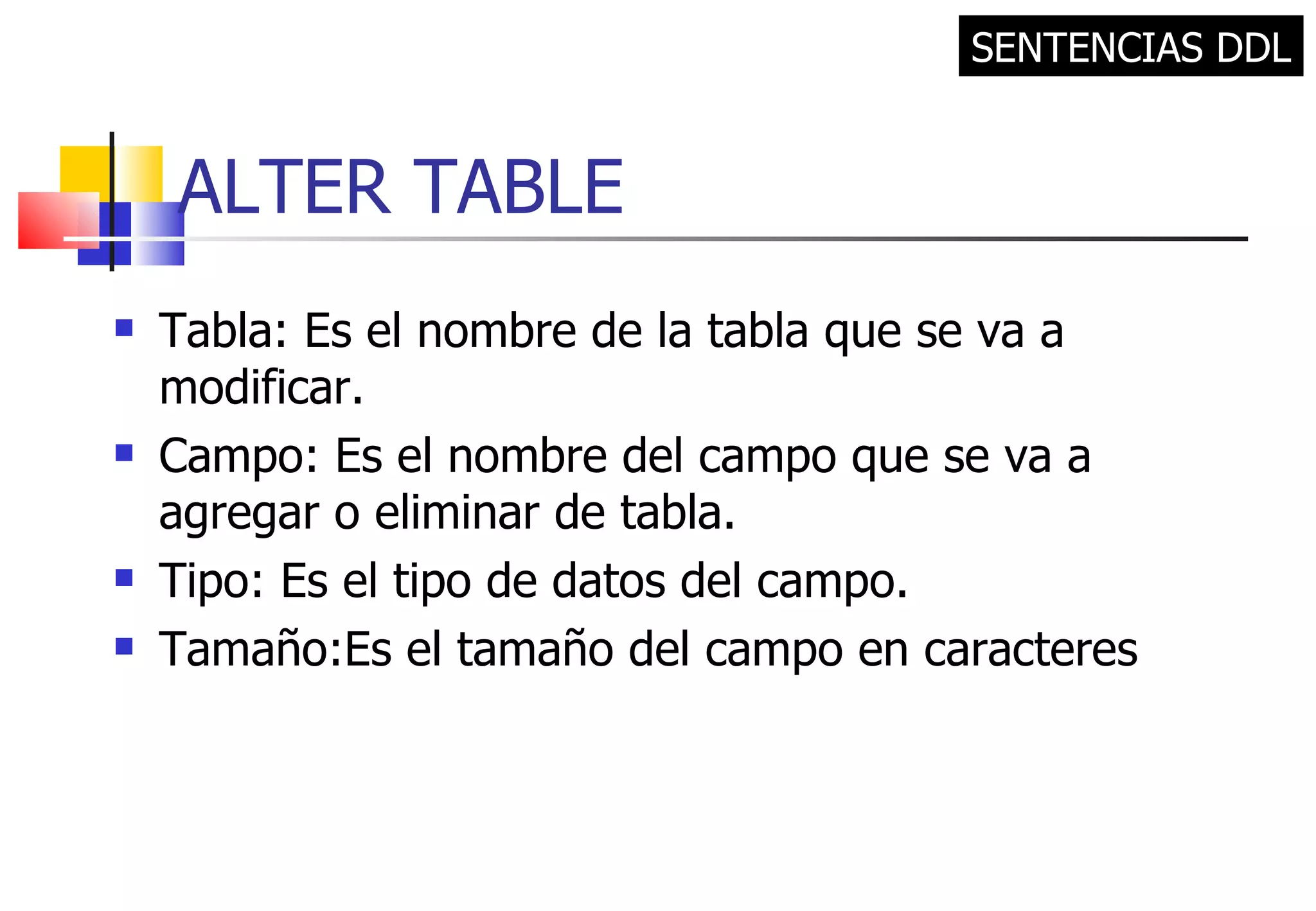 ALTER TABLE Tabla: Es el nombre de la tabla que se va a modificar. Campo: Es el nombre del campo que se va a agregar o eliminar de tabla. Tipo: Es el tipo de datos del campo. Tamaño:Es el tamaño del campo en caracteres SENTENCIAS DDL 