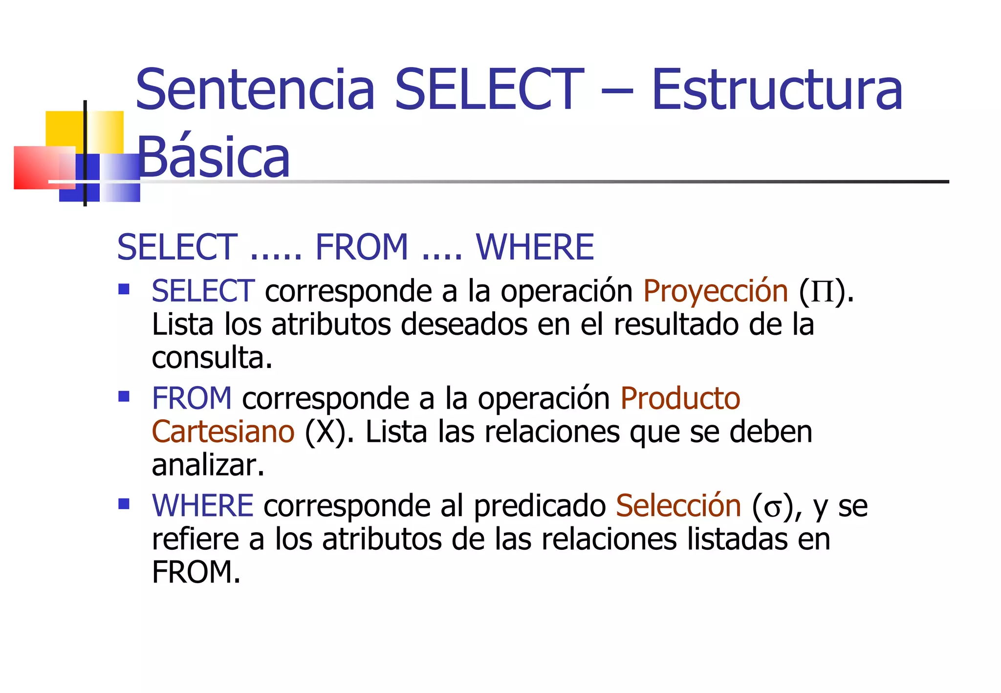 SELECT ..... FROM .... WHERE SELECT  corresponde a la operación  Proyección  (  ). Lista los atributos deseados en el resultado de la consulta. FROM  corresponde a la operación  Producto Cartesiano  (X). Lista las relaciones que se deben analizar. WHERE  corresponde al predicado  Selección  (  ), y se refiere a los atributos de las relaciones listadas en FROM. Sentencia SELECT – Estructura Básica 