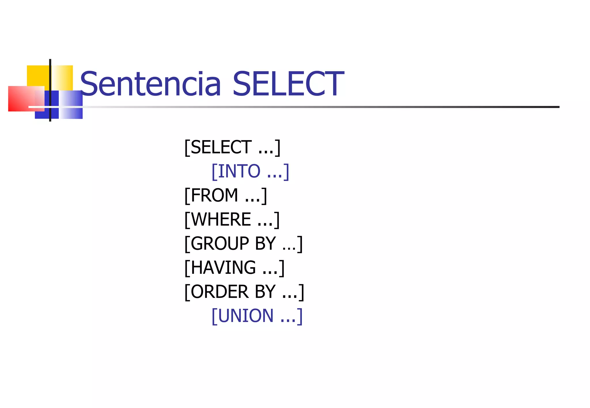 Sentencia SELECT [SELECT ...]  [INTO ...]   [FROM ...] [WHERE ...] [GROUP BY …] [HAVING ...] [ORDER BY ...] [UNION ...] 