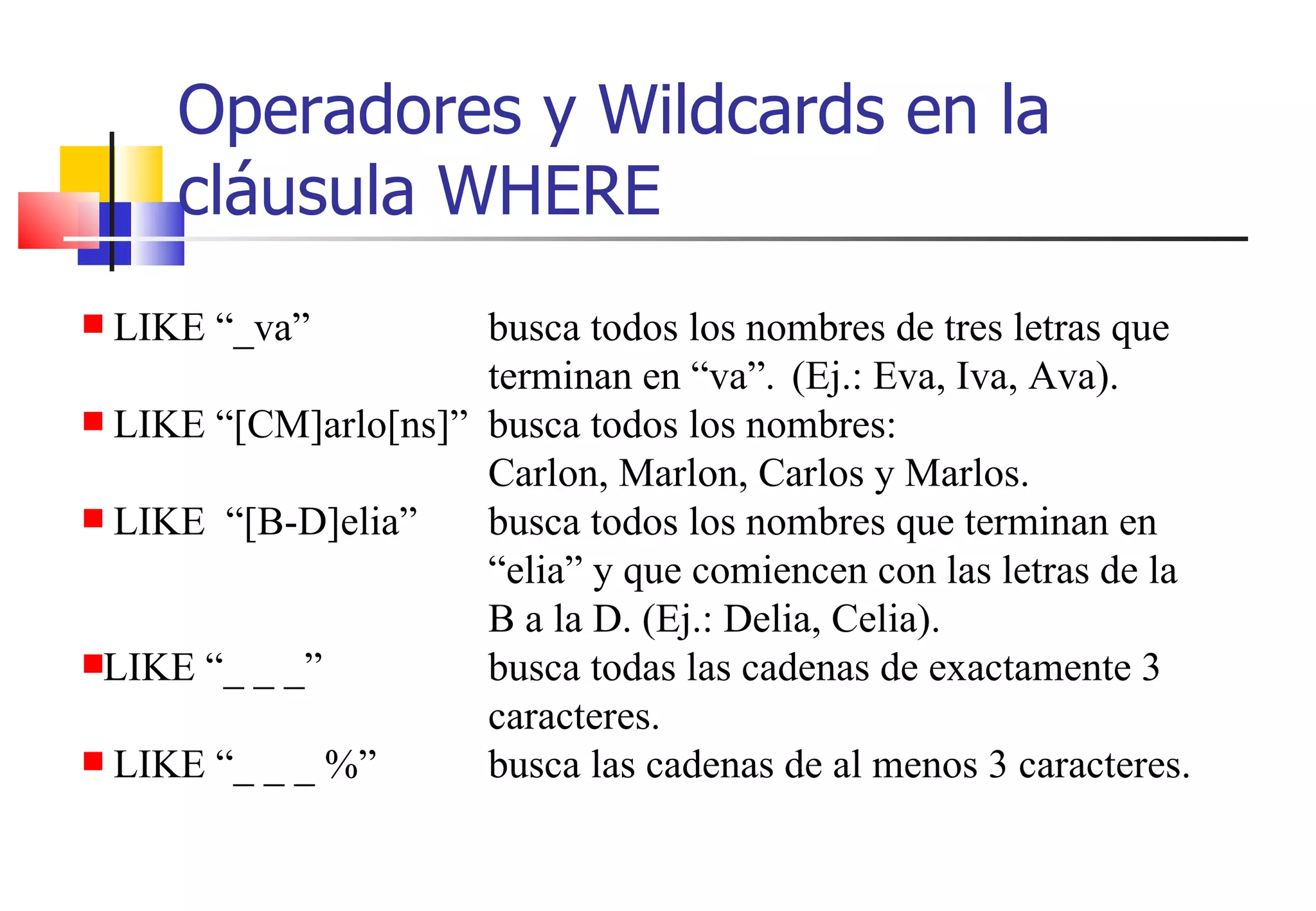 Operadores y Wildcards en la cláusula WHERE LIKE “_va” busca todos los nombres de tres letras que  terminan en “va”.  (Ej.: Eva, Iva, Ava). LIKE “[CM]arlo[ns]” busca todos los nombres:  Carlon, Marlon, Carlos y Marlos. LIKE  “[B-D]elia” busca todos los nombres que terminan en  “elia” y que comiencen con las letras de la  B a la D. (Ej.: Delia, Celia).  LIKE “_ _ _” busca todas las cadenas de exactamente 3  caracteres. LIKE “_ _ _ %” busca las cadenas de al menos 3 caracteres. 