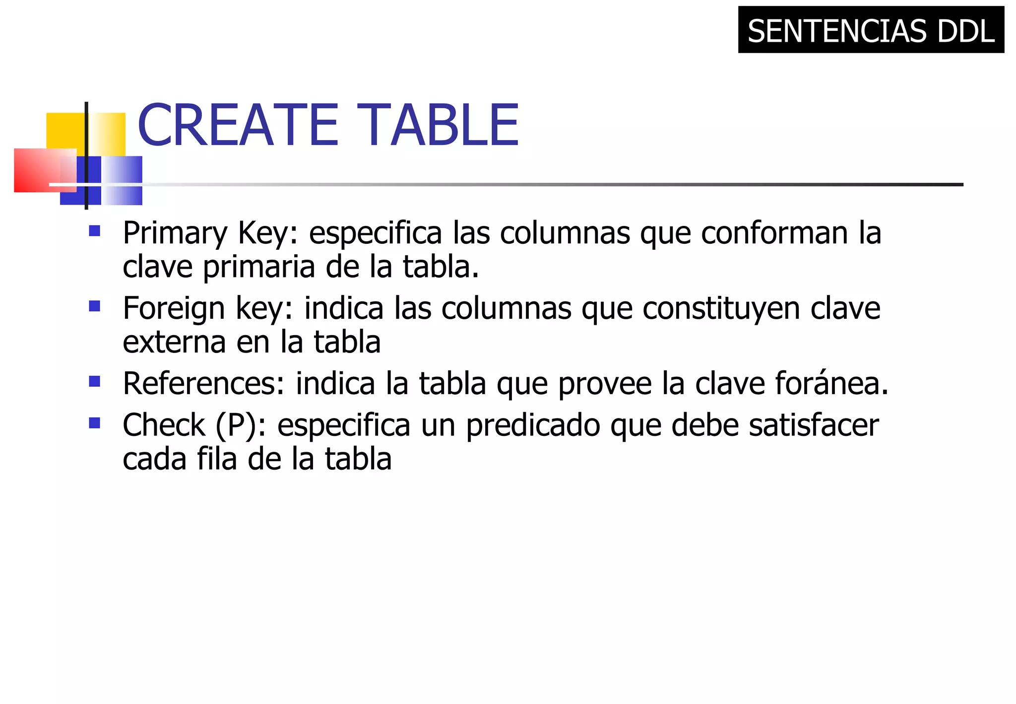Primary Key: especifica las columnas que conforman la clave primaria de la tabla. Foreign key: indica las columnas que constituyen clave externa en la tabla References: indica la tabla que provee la clave foránea. Check (P): especifica un predicado que debe satisfacer cada fila de la tabla CREATE TABLE SENTENCIAS DDL 