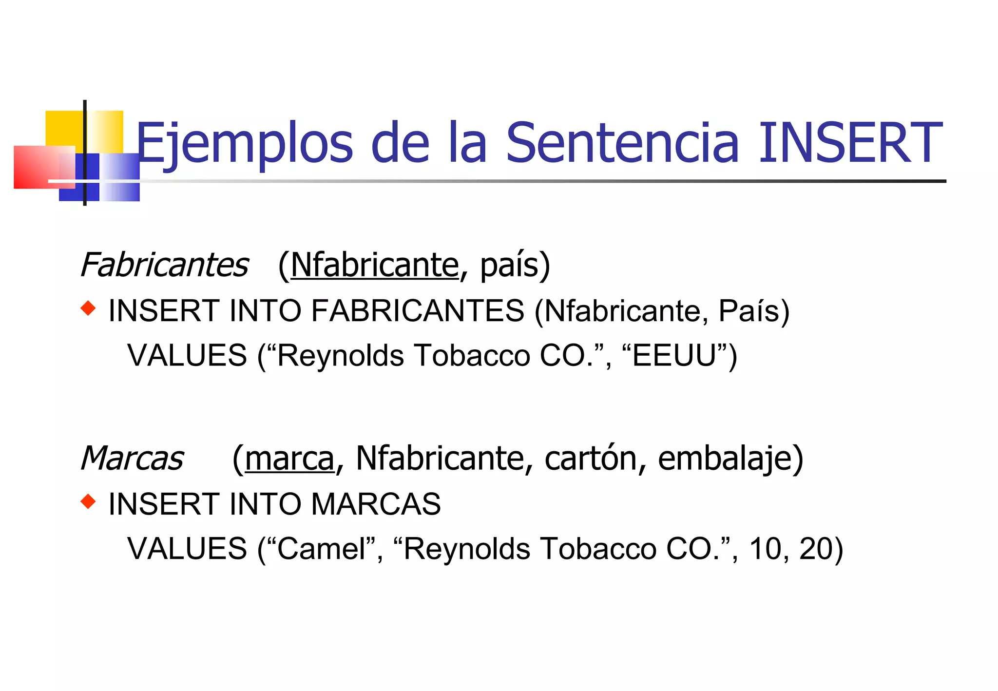 Ejemplos de la Sentencia INSERT Fabricantes   ( Nfabricante , país) INSERT INTO FABRICANTES (Nfabricante, País) VALUES (“Reynolds Tobacco CO.”, “EEUU”) Marcas ( marca , Nfabricante, cartón, embalaje) INSERT INTO MARCAS VALUES (“Camel”, “Reynolds Tobacco CO.”, 10, 20) 