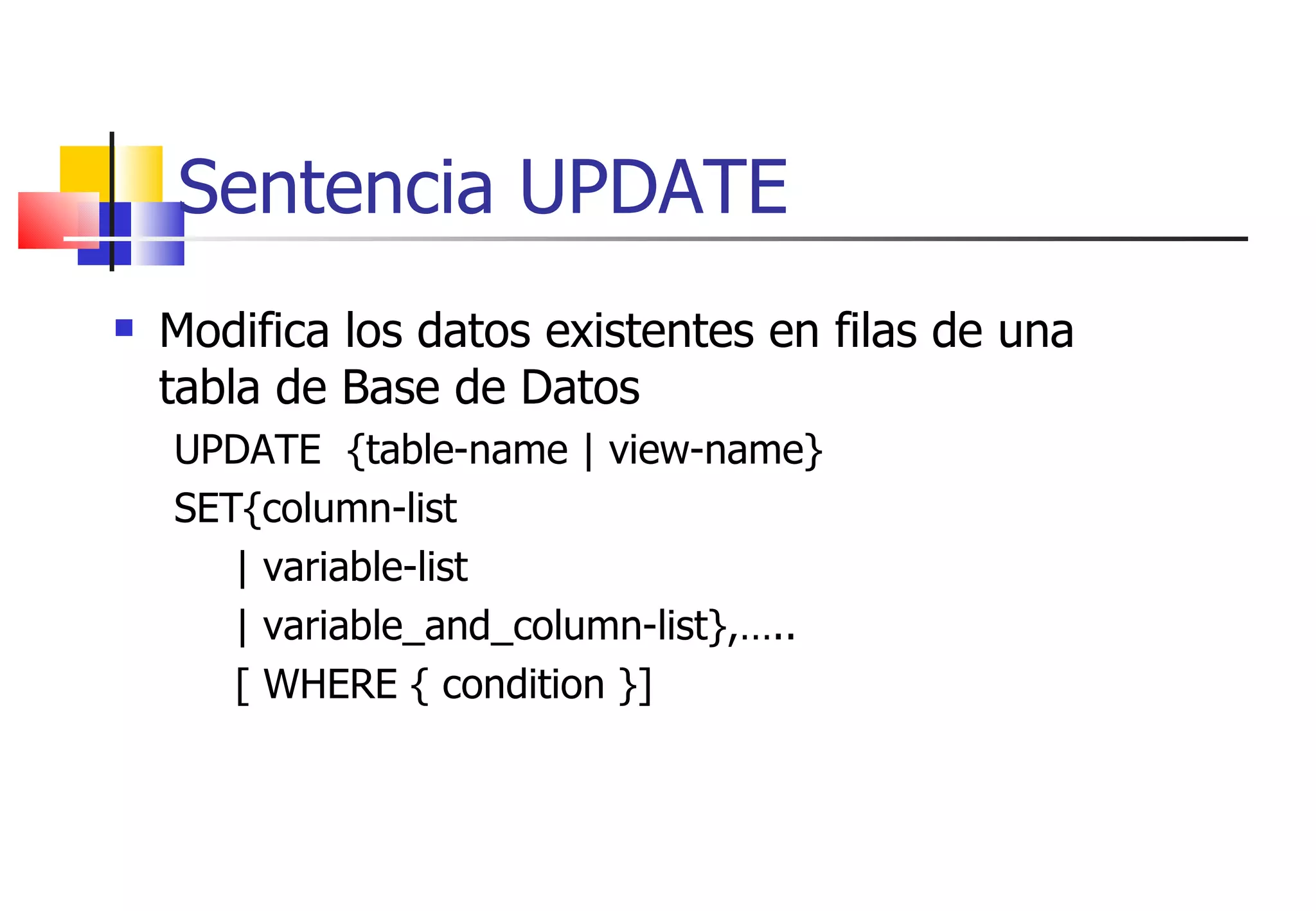 Sentencia UPDATE Modifica los datos existentes en filas de una tabla de Base de Datos UPDATE  {table-name | view-name} SET{column-list | variable-list | variable_and_column-list},….. [ WHERE { condition }] 