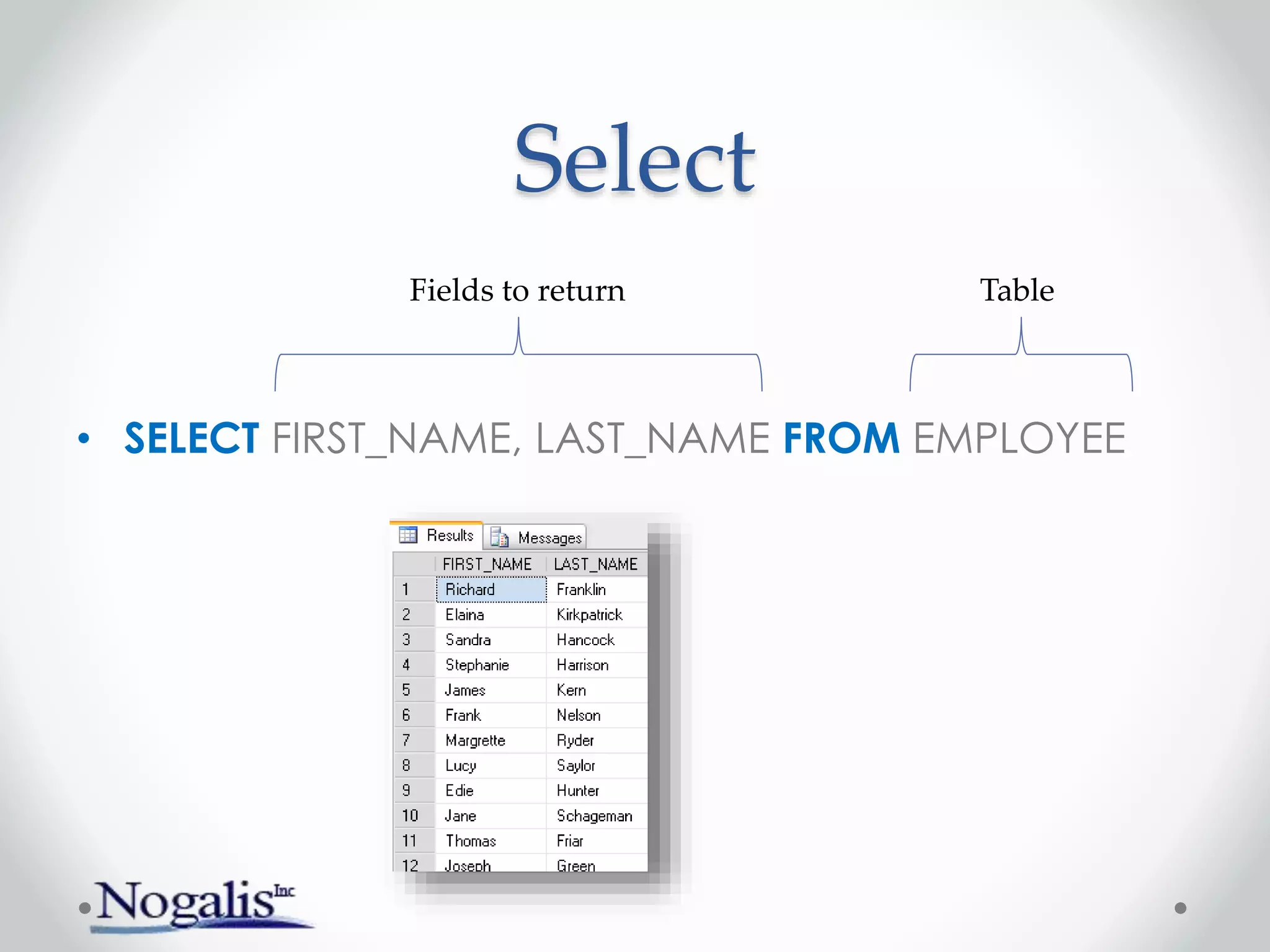 Select
• SELECT FIRST_NAME, LAST_NAME FROM EMPLOYEE
Fields to return Table
 