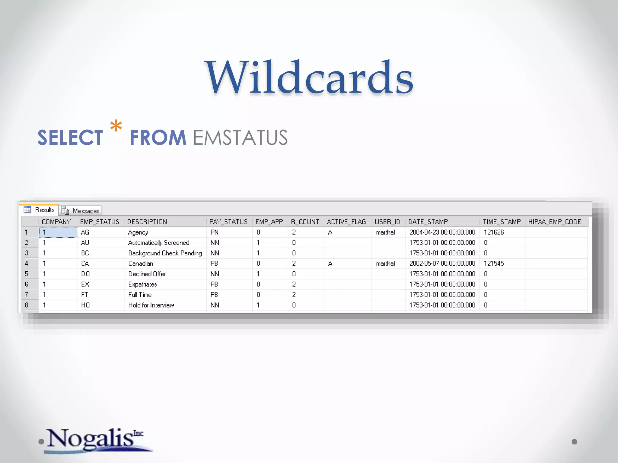 Wildcards
SELECT * FROM EMSTATUS
 