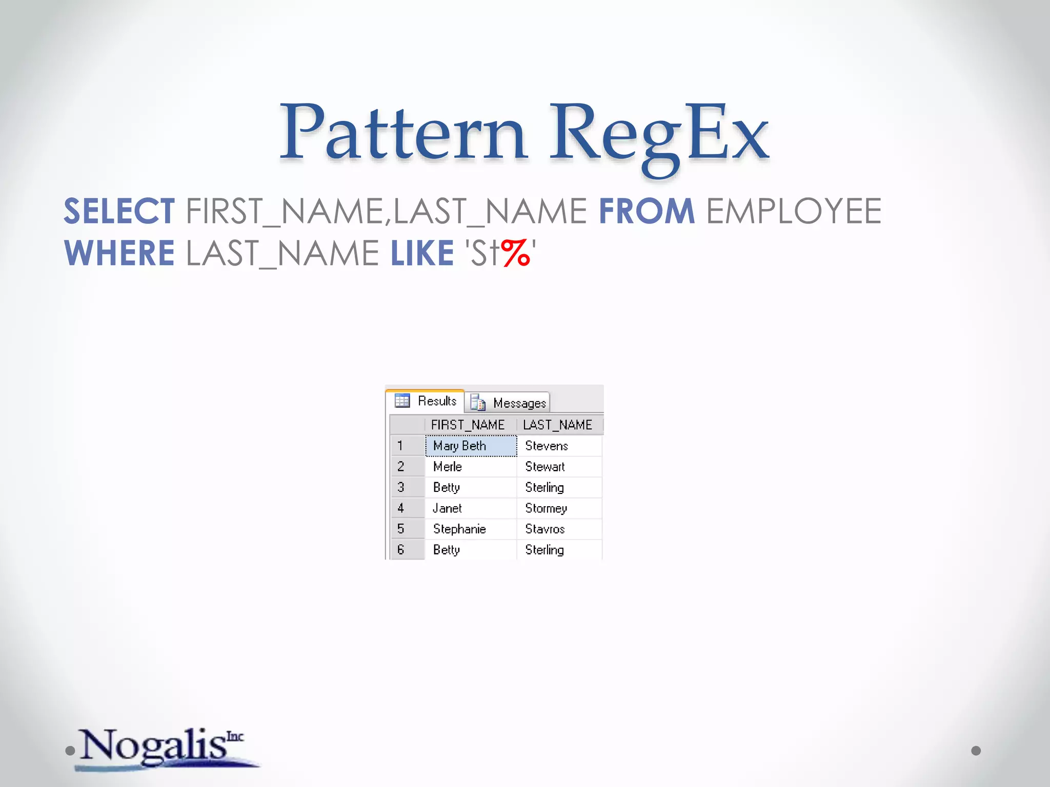 Pattern RegEx
SELECT FIRST_NAME,LAST_NAME FROM EMPLOYEE
WHERE LAST_NAME LIKE 'St%'
 