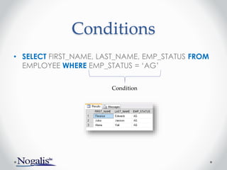 Conditions
• SELECT FIRST_NAME, LAST_NAME, EMP_STATUS FROM
EMPLOYEE WHERE EMP_STATUS = ‘AG’
Condition
 