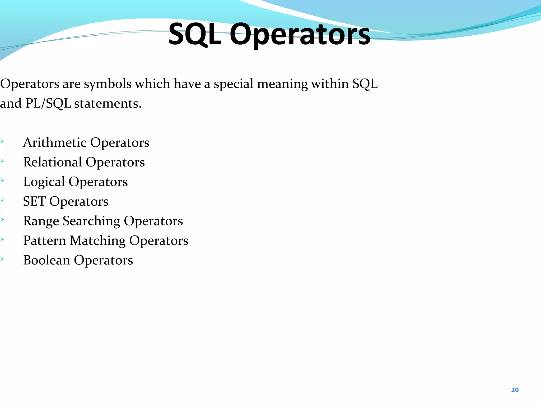 20
SQL Operators
Operators are symbols which have a special meaning within SQL
and PL/SQL statements.

Arithmetic Operators

Relational Operators

Logical Operators

SET Operators

Range Searching Operators

Pattern Matching Operators

Boolean Operators
 