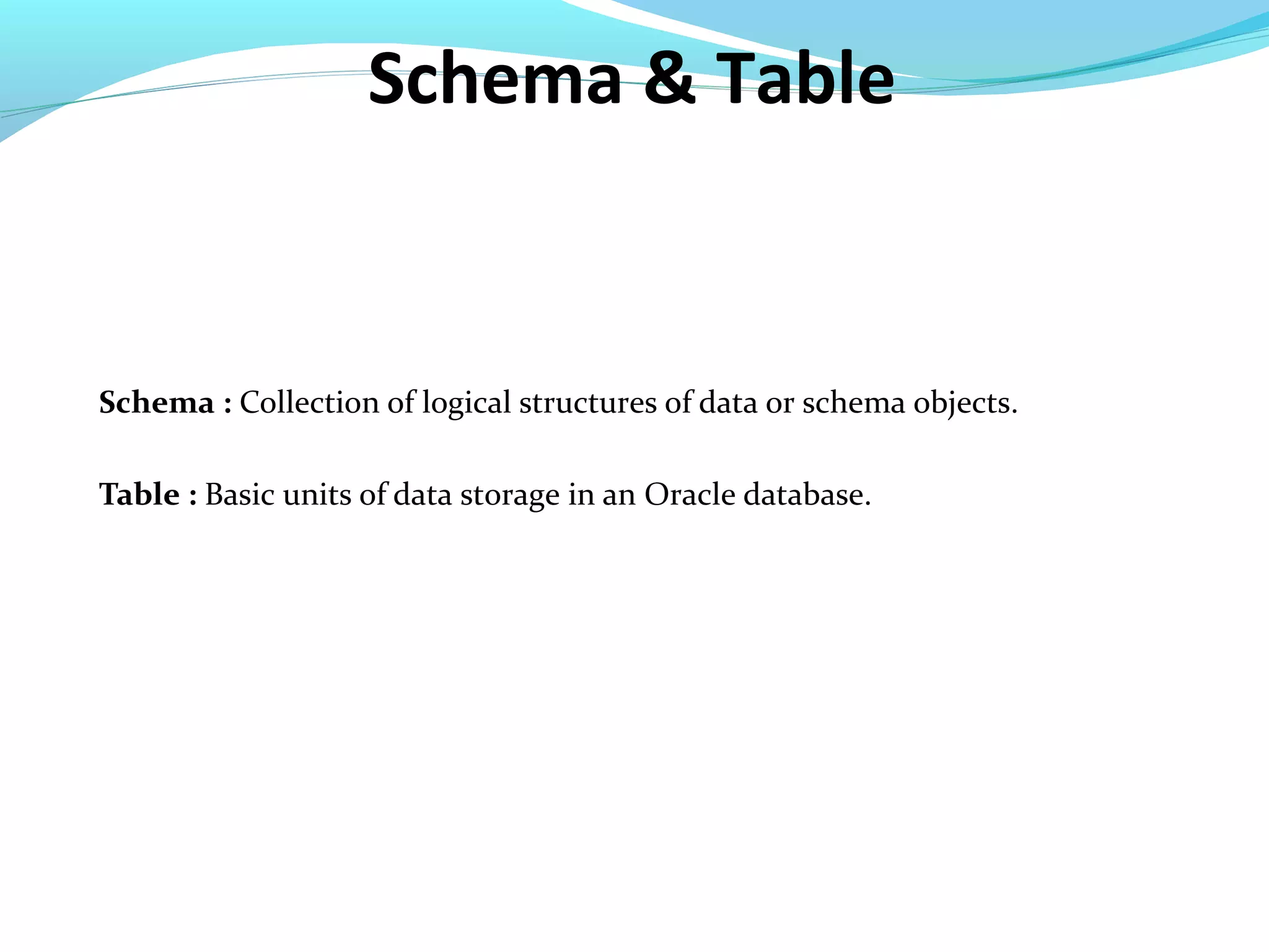 Schema & Table
Schema : Collection of logical structures of data or schema objects.
Table : Basic units of data storage in an Oracle database.
 