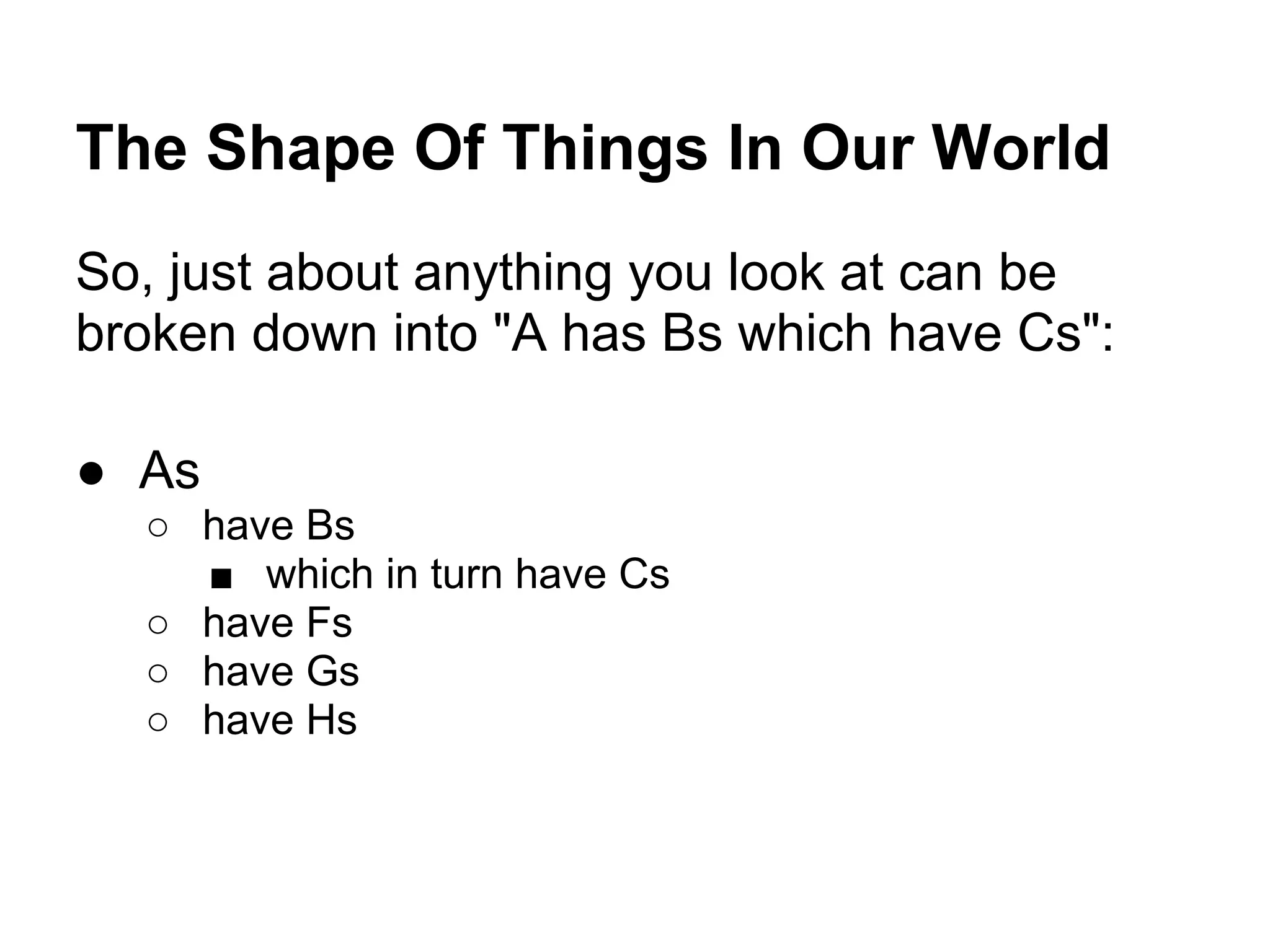 The Shape Of Things In Our World
So, just about anything you look at can be
broken down into "A has Bs which have Cs":

● As
  ○ have Bs
    ■ which in turn have Cs
  ○ have Fs
  ○ have Gs
  ○ have Hs
 