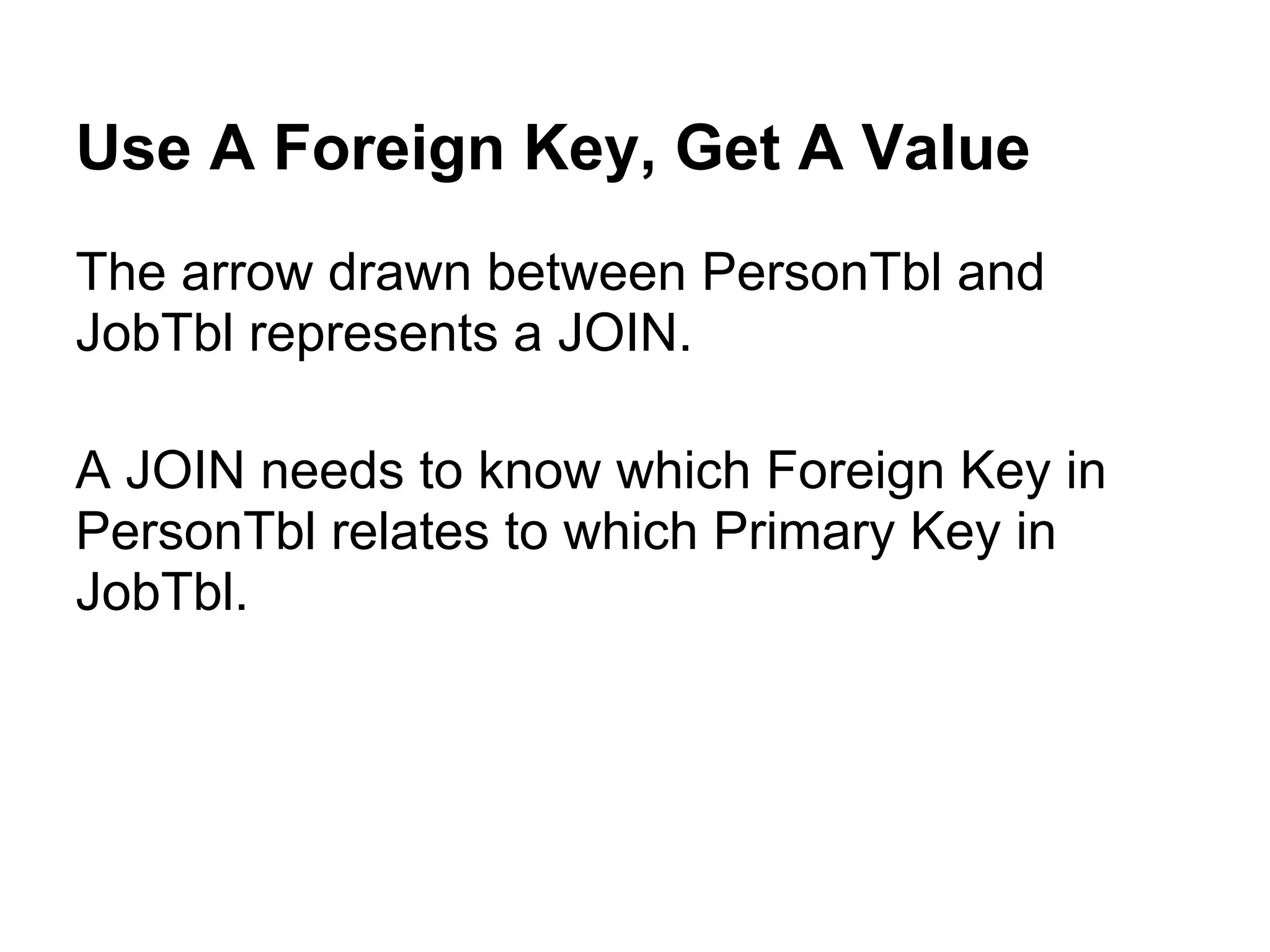 Use A Foreign Key, Get A Value
The arrow drawn between PersonTbl and
JobTbl represents a JOIN.

A JOIN needs to know which Foreign Key in
PersonTbl relates to which Primary Key in
JobTbl.
 