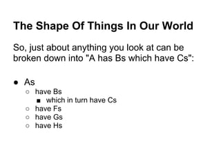 The Shape Of Things In Our World
So, just about anything you look at can be
broken down into "A has Bs which have Cs":

● As
  ○ have Bs
    ■ which in turn have Cs
  ○ have Fs
  ○ have Gs
  ○ have Hs
 