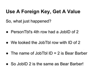 Use A Foreign Key, Get A Value
So, what just happened?

● PersonTbl's 4th row had a JobID of 2

● We looked the JobTbl row with ID of 2

● The name of JobTbl ID = 2 is Bear Barber

● So JobID 2 is the same as Bear Barber!
 