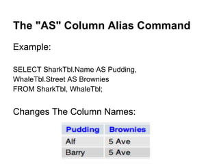 The "AS" Column Alias Command
Example:

SELECT SharkTbl.Name AS Pudding,
WhaleTbl.Street AS Brownies
FROM SharkTbl, WhaleTbl;


Changes The Column Names:
 