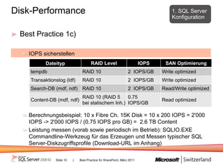 Disk-Performance                                                                   1. SQL Server
                                                                                   Konfiguration


 Best Practice 1c)

   IOPS sicherstellen
           Dateityp                   RAID Level                        IOPS    SAN Optimierung
    tempdb                     RAID 10                          2 IOPS/GB      Write optimized
    Transaktionslog (ldf)      RAID 10                          2 IOPS/GB      Write optimized
    Search-DB (mdf, ndf) RAID 10                                2 IOPS/GB      Read/Write optimized
                               RAID 10 (RAID 5      0.75
    Content-DB (mdf, ndf)                                                      Read optimized
                               bei statischem Inh.) IOPS/GB

   Berechnungsbeispiel: 10 x Fibre Ch. 15K Disk = 10 x 200 IOPS = 2'000
   IOPS -> 2'000 IOPS / (0.75 IOPS pro GB) = 2.6 TB Content
   Leistung messen (vorab sowie periodisch im Betrieb): SQLIO.EXE
   Commandline-Werkzeug für das Erzeugen und Messen typischer SQL
   Server-Diskzugriffsprofile (Download-URL im Anhang)

               Slide 10   |   Best Practice für SharePoint, März 2011
 