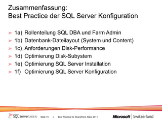 Zusammenfassung:
Best Practice der SQL Server Konfiguration

  1a)   Rollenteilung SQL DBA und Farm Admin
  1b)   Datenbank-Dateilayout (System und Content)
  1c)   Anforderungen Disk-Performance
  1d)   Optimierung Disk-Subystem
  1e)   Optimierung SQL Server Installation
  1f)   Optimierung SQL Server Konfiguration




              Slide 15   |   Best Practice für SharePoint, März 2011
 