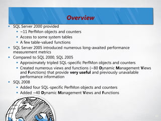 Overview
 SQL Server 2000 provided
    ~11 PerfMon objects and counters
    Access to some system tables
    A few table-valued functions
 SQL Server 2005 introduced numerous long-awaited performance
  measurement metrics
 Compared to SQL 2000, SQL 2005
    Approximately tripled SQL-specific PerfMon objects and counters
    Created numerous views and functions (~80 Dynamic Management Views
     and Functions) that provide very useful and previously unavailable
     performance information
 SQL 2008
    Added four SQL-specific PerfMon objects and counters
    Added ~40 Dynamic Management Views and Functions




                                                                          67
 