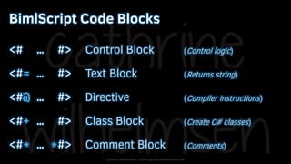 Cathrine Wilhelmsen - contact@cathrinewilhelmsen.net
BimlScript Code Blocks
<# … #> Control Block (Control logic)
<#= … #>...