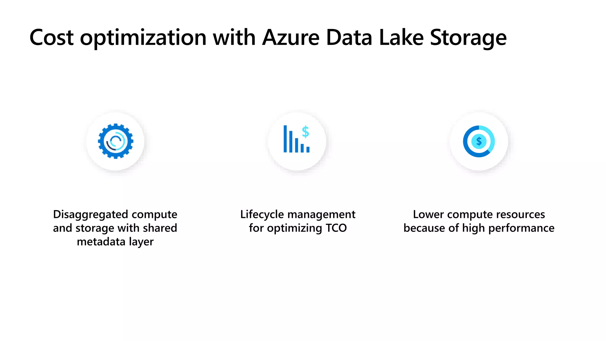 Cost optimization with Azure Data Lake Storage Disaggregated compute and storage with shared metadata layer Lifecycle management for optimizing TCO Lower compute resources because of high performance 