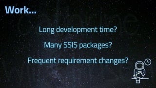 Long development time?
Many SSIS packages?
Frequent requirement changes?
Work…
 