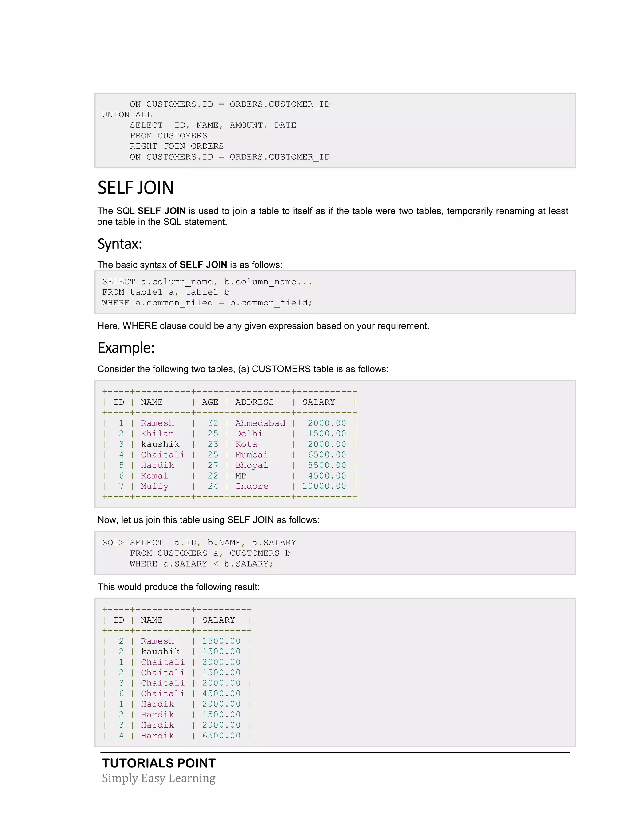 TUTORIALS POINT
Simply Easy Learning
ON CUSTOMERS.ID = ORDERS.CUSTOMER_ID
UNION ALL
SELECT ID, NAME, AMOUNT, DATE
FROM CUSTOMERS
RIGHT JOIN ORDERS
ON CUSTOMERS.ID = ORDERS.CUSTOMER_ID
SELF JOIN
The SQL SELF JOIN is used to join a table to itself as if the table were two tables, temporarily renaming at least
one table in the SQL statement.
Syntax:
The basic syntax of SELF JOIN is as follows:
SELECT a.column_name, b.column_name...
FROM table1 a, table1 b
WHERE a.common_filed = b.common_field;
Here, WHERE clause could be any given expression based on your requirement.
Example:
Consider the following two tables, (a) CUSTOMERS table is as follows:
+----+----------+-----+-----------+----------+
| ID | NAME | AGE | ADDRESS | SALARY |
+----+----------+-----+-----------+----------+
| 1 | Ramesh | 32 | Ahmedabad | 2000.00 |
| 2 | Khilan | 25 | Delhi | 1500.00 |
| 3 | kaushik | 23 | Kota | 2000.00 |
| 4 | Chaitali | 25 | Mumbai | 6500.00 |
| 5 | Hardik | 27 | Bhopal | 8500.00 |
| 6 | Komal | 22 | MP | 4500.00 |
| 7 | Muffy | 24 | Indore | 10000.00 |
+----+----------+-----+-----------+----------+
Now, let us join this table using SELF JOIN as follows:
SQL> SELECT a.ID, b.NAME, a.SALARY
FROM CUSTOMERS a, CUSTOMERS b
WHERE a.SALARY < b.SALARY;
This would produce the following result:
+----+----------+---------+
| ID | NAME | SALARY |
+----+----------+---------+
| 2 | Ramesh | 1500.00 |
| 2 | kaushik | 1500.00 |
| 1 | Chaitali | 2000.00 |
| 2 | Chaitali | 1500.00 |
| 3 | Chaitali | 2000.00 |
| 6 | Chaitali | 4500.00 |
| 1 | Hardik | 2000.00 |
| 2 | Hardik | 1500.00 |
| 3 | Hardik | 2000.00 |
| 4 | Hardik | 6500.00 |
 