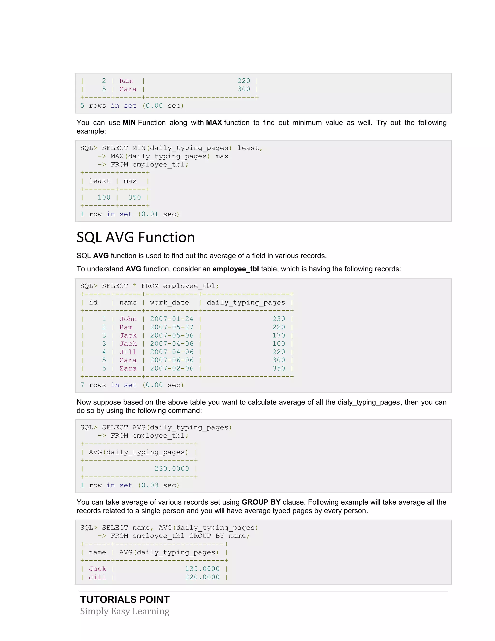 TUTORIALS POINT
Simply Easy Learning
| 2 | Ram | 220 |
| 5 | Zara | 300 |
+------+------+-------------------------+
5 rows in set (0.00 sec)
You can use MIN Function along with MAX function to find out minimum value as well. Try out the following
example:
SQL> SELECT MIN(daily_typing_pages) least,
-> MAX(daily_typing_pages) max
-> FROM employee_tbl;
+-------+------+
| least | max |
+-------+------+
| 100 | 350 |
+-------+------+
1 row in set (0.01 sec)
SQL AVG Function
SQL AVG function is used to find out the average of a field in various records.
To understand AVG function, consider an employee_tbl table, which is having the following records:
SQL> SELECT * FROM employee_tbl;
+------+------+------------+--------------------+
| id | name | work_date | daily_typing_pages |
+------+------+------------+--------------------+
| 1 | John | 2007-01-24 | 250 |
| 2 | Ram | 2007-05-27 | 220 |
| 3 | Jack | 2007-05-06 | 170 |
| 3 | Jack | 2007-04-06 | 100 |
| 4 | Jill | 2007-04-06 | 220 |
| 5 | Zara | 2007-06-06 | 300 |
| 5 | Zara | 2007-02-06 | 350 |
+------+------+------------+--------------------+
7 rows in set (0.00 sec)
Now suppose based on the above table you want to calculate average of all the dialy_typing_pages, then you can
do so by using the following command:
SQL> SELECT AVG(daily_typing_pages)
-> FROM employee_tbl;
+-------------------------+
| AVG(daily_typing_pages) |
+-------------------------+
| 230.0000 |
+-------------------------+
1 row in set (0.03 sec)
You can take average of various records set using GROUP BY clause. Following example will take average all the
records related to a single person and you will have average typed pages by every person.
SQL> SELECT name, AVG(daily_typing_pages)
-> FROM employee_tbl GROUP BY name;
+------+-------------------------+
| name | AVG(daily_typing_pages) |
+------+-------------------------+
| Jack | 135.0000 |
| Jill | 220.0000 |
 